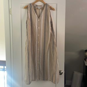 Liz Claiborne large Linen Sleeveless Tan/Khaki & Blue Striped Button Midi Dress